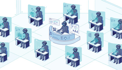 Fototapeta premium Virtual Reality (VR) Training Simulation Vector Illustration. Wide Landscape Trainees Practicing Skills