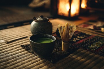 Serene Matcha Tea Ceremony Still Life with Fireplace Glow and Traditional Bamboo Mat.