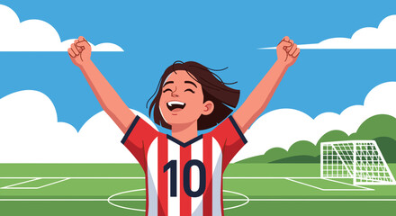 Illustration of celebrating female soccer player in uniform on green field under blue sky art