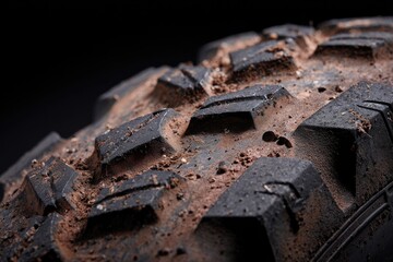 Close-up of muddy bicycle tire tread, showing textured rubber and dirt