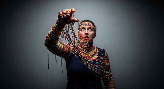 Woman entangled colorful yarn.