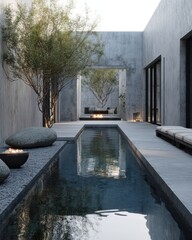 Serene Modern Courtyard Oasis - Reflective Pool, Minimalist Architecture, Tranquil Ambiance.