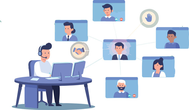 Virtual Team Onboarding and Culture Building Vector Illustration. Wide Landscape New Remote Employees Connecting