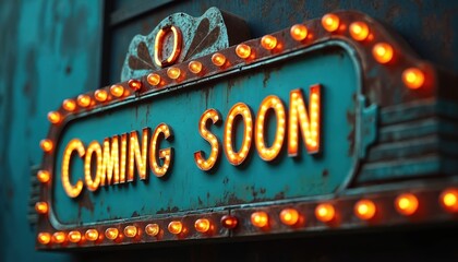 Retro Coming Soon marquee sign glows with bright orange light bulbs. Vintage illuminated announcement display. Distressed blue metal wall texture background. Old classic advertisement for new