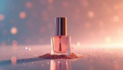 Minimalist nail polish bottle on reflective surface with glitter. Premium design elements under soft light. Luxury, sleek, refined style for beauty product promotion. Cosmetic salon brand, nail art