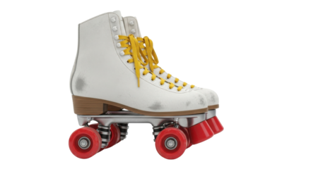 Vintage white roller skate with yellow laces and red wheels isolated PNG with Transparent Background