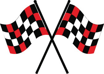 Two checkered flags with red, black, and white on black poles, crossing