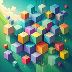 Obraz premium Colorful geometric cubes arranged in a 3D pattern, suggestive of a landscape