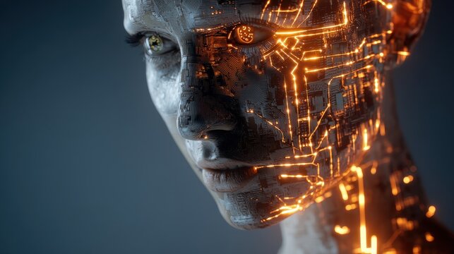 Half-machine, half-human portrait exploring the fusion of technology and humanity