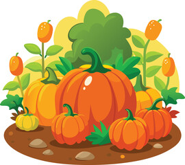 Colorful Cartoon Pumpkins and Vegetation in a Fall Harvest Scene