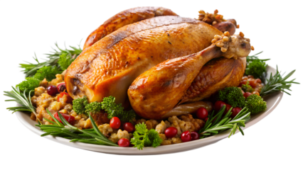 Festive thanksgiving turkey with stuffing and cranberries isolated on transparent background, a centerpiece for a holiday gathering, golden brown and savory