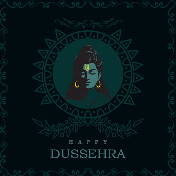 Elegant vector illustration for Happy Dussehra featuring a serene half-face portrait of Lord Rama framed within a mandala and ornamental borders on a dark teal background.