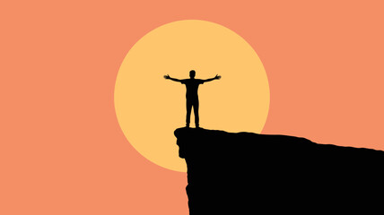 Man silhouette on cliff edge with arms outstretched embracing success against sunset, symbolizing freedom, achievement, and overcoming challenges with inspiration