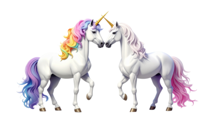   Pair of Fantasy Unicorns Collection in Unique Color Styles isolated on transparent background.