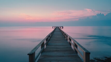 Serene Pier Extends into Pastel Sunset Ocean, Tranquil Waterscape, Atmospheric Calmness.