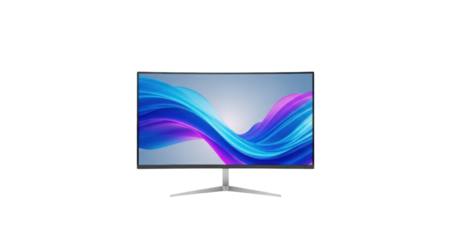 Curved computer monitor displaying colorful abstract design isolated PNG with Transparent Background