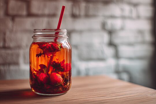 Iced beverage in mason jar with strawberry and flower on wooden table