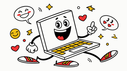 Funny cartoon laptop with emoji keys dancing, creative technology mascot illustration, doodle vector art for stock, design packs, stickers, and digital art graphics