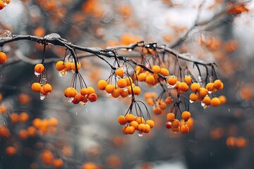 Orange berries on iced branches against a blurry, grey background