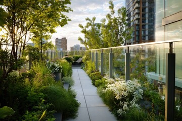 Serene Rooftop Garden Pathway with Lush Greenery and City Skyline View at Sunset.