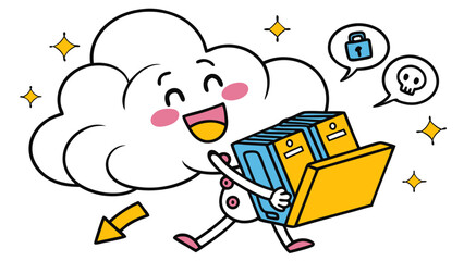 Cartoon cloud storage mascot carrying files and folders, funny digital storage illustration, cute doodle vector art for tech, design, stickers, and stock graphics