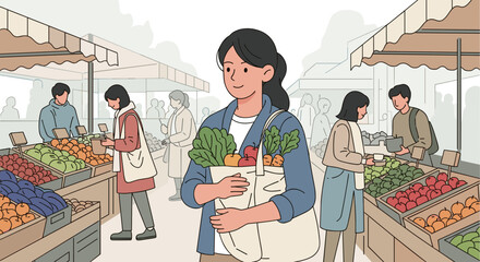 Woman shopping for fresh produce at farmers market supporting local agriculture and sustainable lifestyle