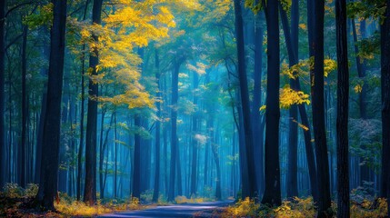 Fototapeta premium Fairy tale magic forest, blue yellow color misty path, book illustration concept art
