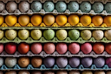 Rows of colorful speckled eggs neatly arranged in recycled cardboard egg cartons