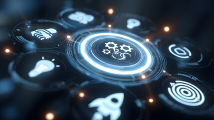 Intricate digital interface with glowing blue and white elements forming a circular design, showcasing gears, a handshake, a target, a rocket, and an idea symbol, creating a futuristic technological
