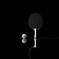 Silent Game - A Minimalist Monochrome Still Life of Table Tennis Equipment with Dramatic Reflections.