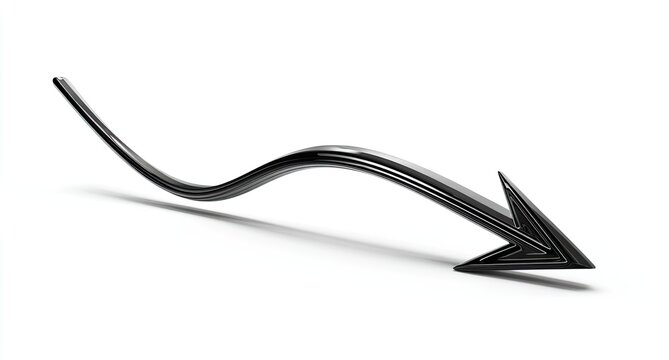 Sleek black arrow pointing down with a curved path, white background