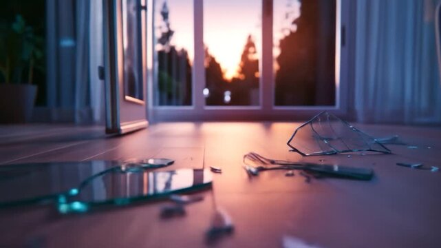 Broken glass on wood floor destruction accident and safety hazard