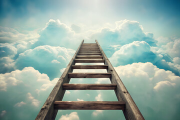 Rustic wooden ladder extending upward into radiant sky through clouds surreal dreamy visionary abstract futuristic imaginative artistic symbolic atmospheric