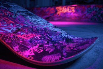 Skateboard Deck with Intricate Graphics Bathed in Moody Purple and Pink Neon Light.