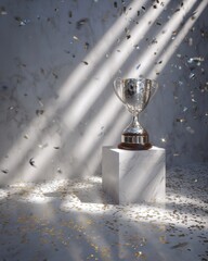 Silver Trophy on White Pedestal Bathed in Light with Falling Confetti - Victory Celebration.