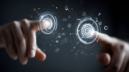 Human fingers interact with a futuristic digital interface, showcasing glowing circular elements with connecting lines and icons, set against a dark gray background, demonstrating technology and...