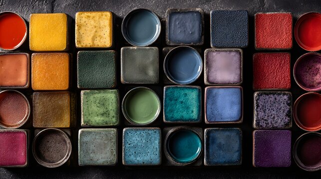 Array of varied color swatches, presented in rows and columns, showcasing a spectrum of shades from red and yellow to blue and green, some square-shaped, some circular. - Powered by Adobe