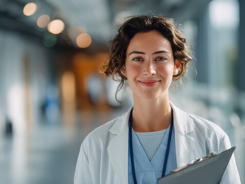 Smiling female doctor holding clipboard in hospital hallway  