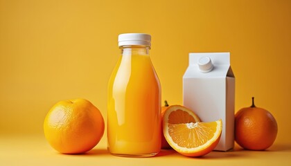 Orange juice in bottle and carton sits with fresh fruit on yellow backdrop. Ripe oranges and citrus slices suggest healthy refreshment and breakfast options for consumers.