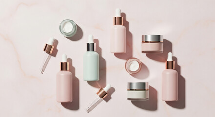Minimalist flat lay of luxury skincare products on a pink marble background, dropper bottles and cream jars, clean beauty aesthetic, pastel colors