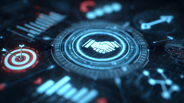 Illustrative digital interface showcases a handshake icon at the center, surrounded by glowing blue circular patterns, data charts, and a target, creating a futuristic and tech-driven visual...