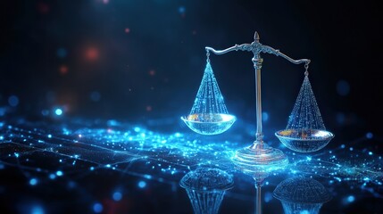 A balance scale with digital elements, symbolizing justice, equality, or financial equilibrium.