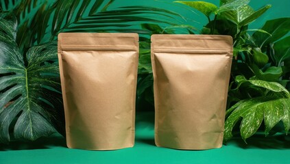 Two beige, zippered pouches stand out against a backdrop of lush green foliage, creating a visually appealing presentation for eco-friendly packaging.
