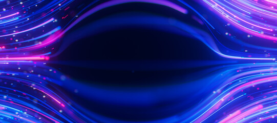 Closeup of bigdata light speed flow avoiding center. Abstract digital data stream of quantum computing. Cyberspace of qubit trail waves. Modern tech information transmission.