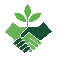 Green handshake with plant sprout growing from top agreement partnership
