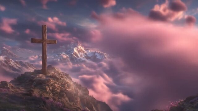 Cross on a mountain peak at sunset.