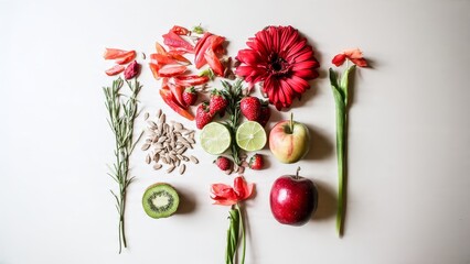 Obraz premium Colorful Fruit and Flower Flat Lay Arrangement on Light Background for Creative Projects