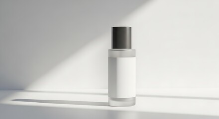 Minimalist Clear Glass Bottle with Dark Cap and White Label on Light Background