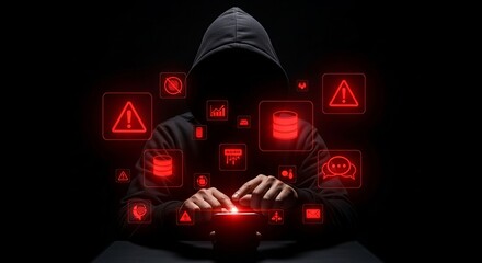 Cybersecurity Threat: A hooded figure shrouded in darkness, illuminated by the ominous red glow of warning symbols and data representations.