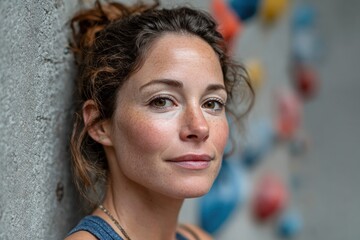 A woman smiles, eyes focused, in front of a climbing wall. Bokeh shows colorful holds